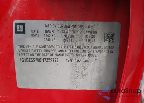 2017 Chevrolet Cruze Lt Auto из США, поврежденный, VIN 1G1BE5SMXH7259727